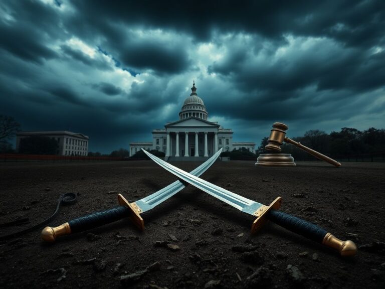 Flick International Dramatic duel scene with crossed swords symbolizing political conflict