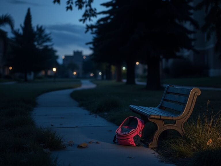 Flick International A dimly lit California college campus at dusk with an abandoned child's pink backpack on a bench