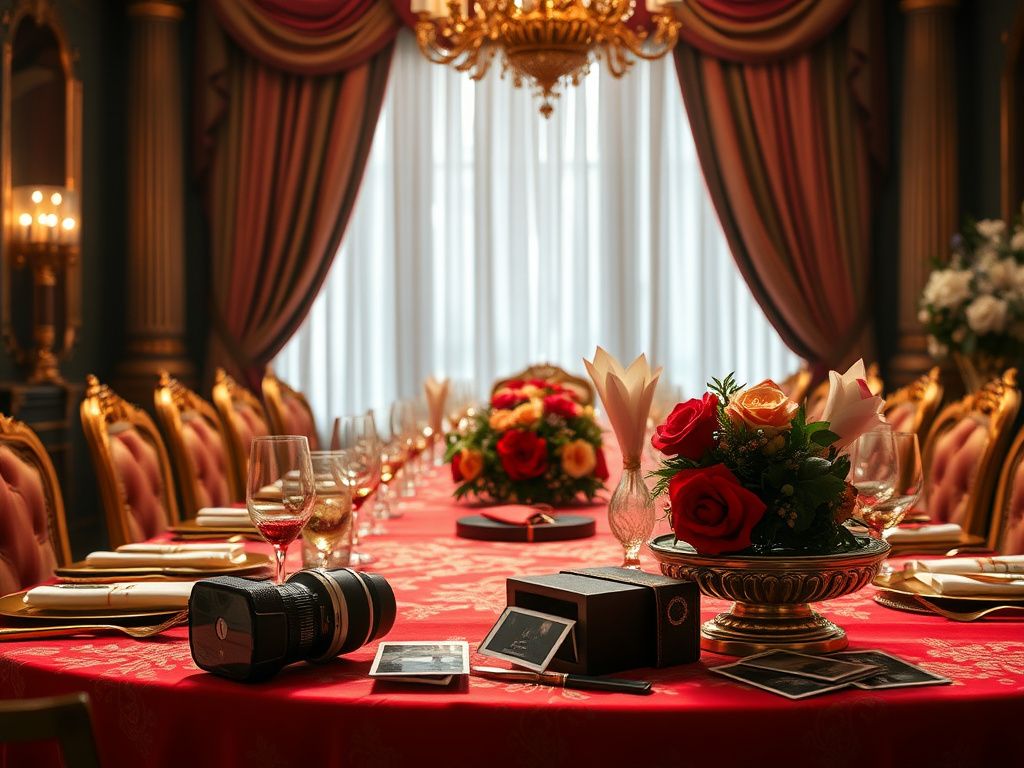 Flick International Luxurious table setting at a grand birthday party with floral centerpieces and vintage camera symbolizing photogate drama