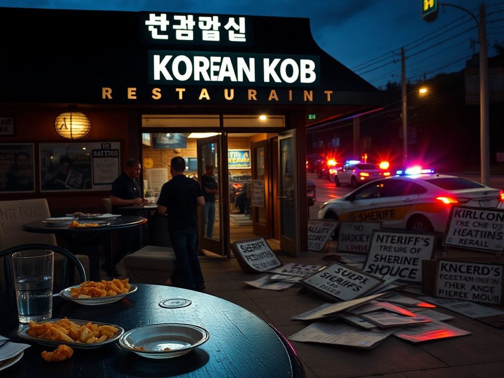 Flick International Bustling Korean BBQ restaurant entrance with warm lights amidst tension
