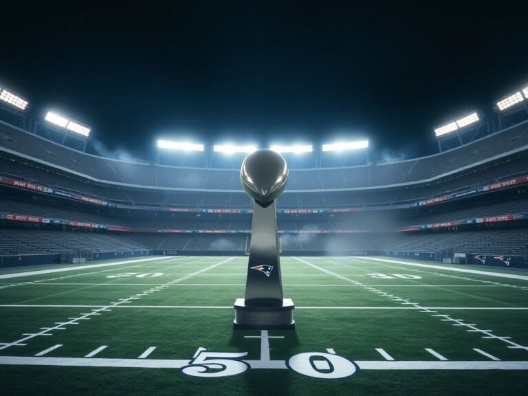 Flick International A dramatic scene of an empty football stadium ready for the Super Bowl with the Vince Lombardi Trophy in the foreground.