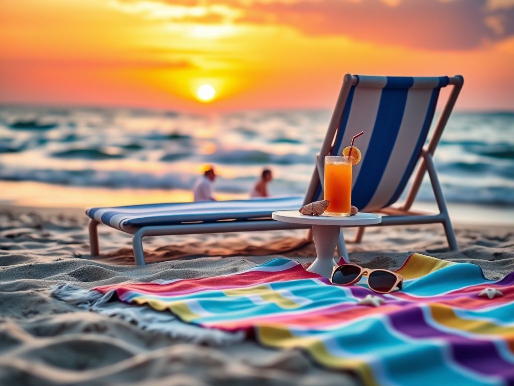 Flick International Beach scene at sunset with lounge chair and colorful towel