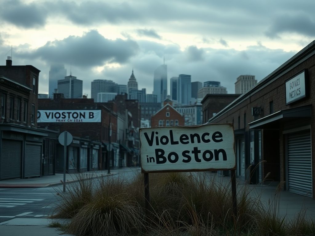 Flick International Somber cityscape of Boston at dusk with an iconic skyline shrouded in gray clouds.