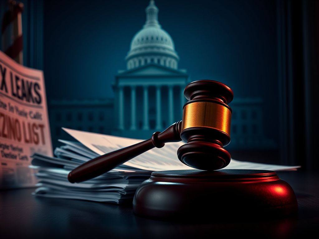 Flick International A dramatic courtroom scene with a gavel on legal documents symbolizing Trump's lawsuit against the IRS