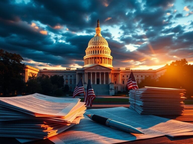 Flick International Dramatic view of the United States Capitol Building at dusk with legislation documents in the foreground