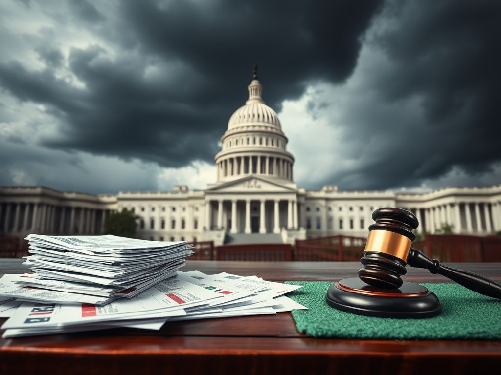 Flick International Large Capitol building shrouded in dark storm clouds representing political uncertainty