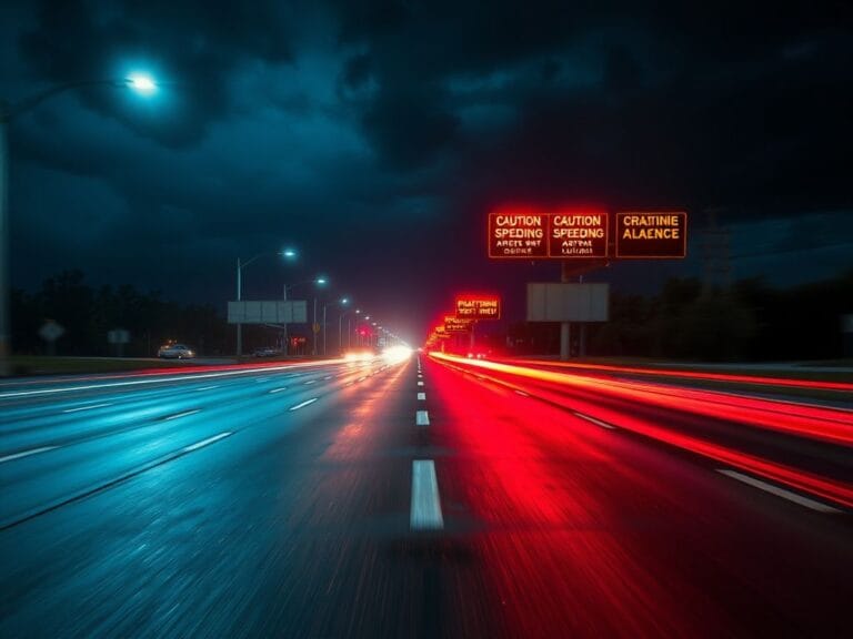 Flick International A high-speed nighttime highway scene in Orange County, Florida, with blurred lights and wet asphalt