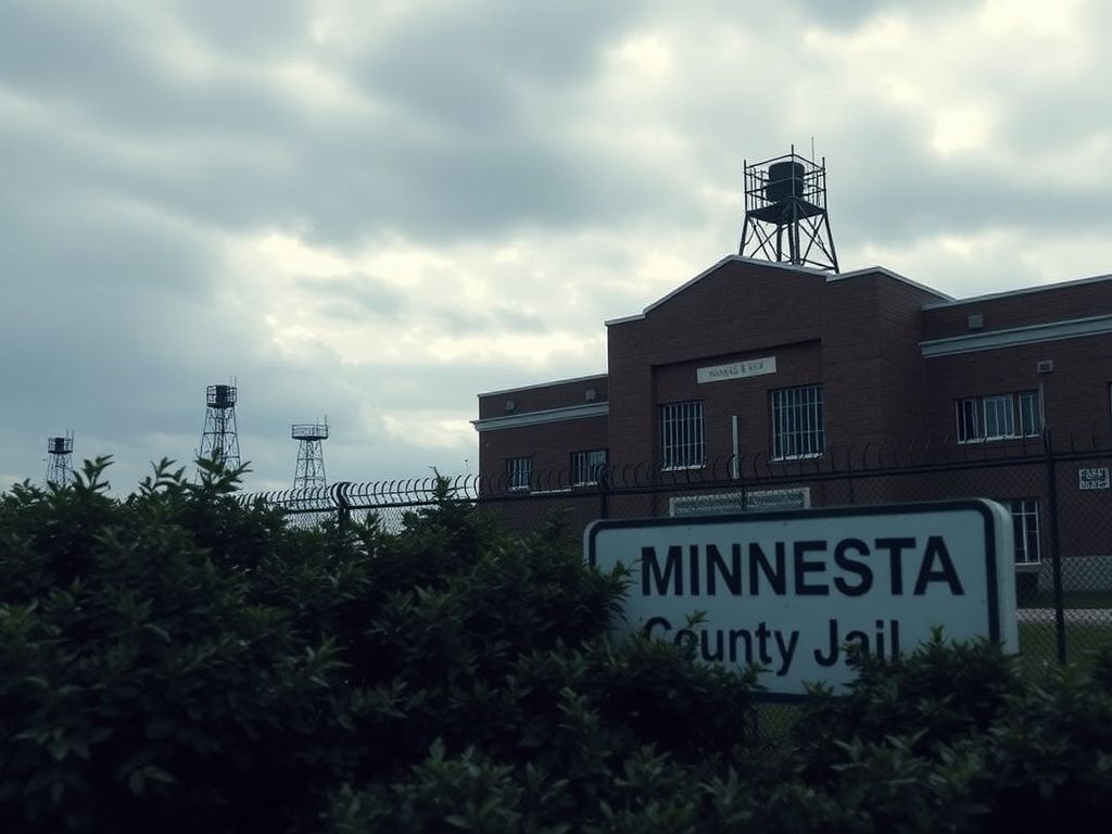 Flick International Dramatic exterior of a Minnesota county jail with heavy steel bars and a fortified entrance under overcast skies
