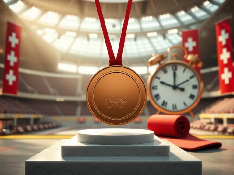 Flick International Bronze medal resting on marble pedestal with Olympic arena in the background