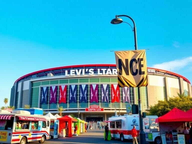 Flick International Exterior view of Levi's Stadium decorated for Super Bowl LX with diverse food trucks and a 'No ICE' banner