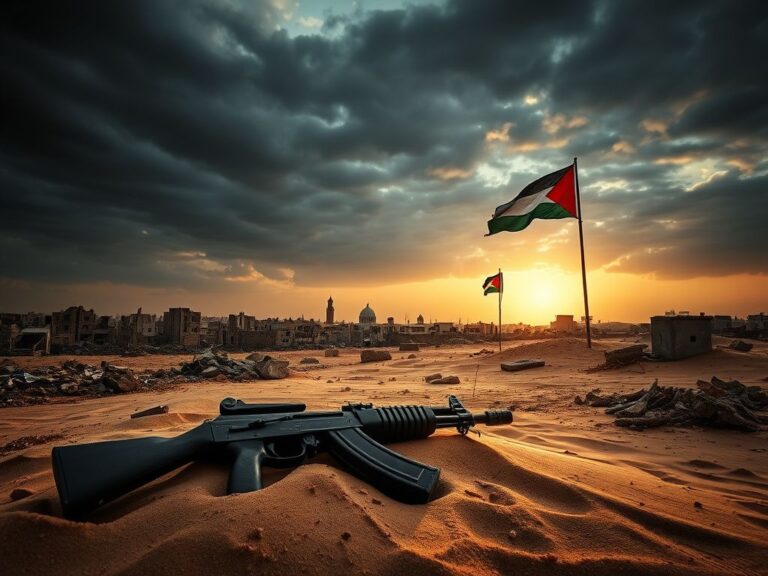 Flick International A dramatic landscape of Gaza with crumbling buildings and abandoned weapons symbolizing conflict