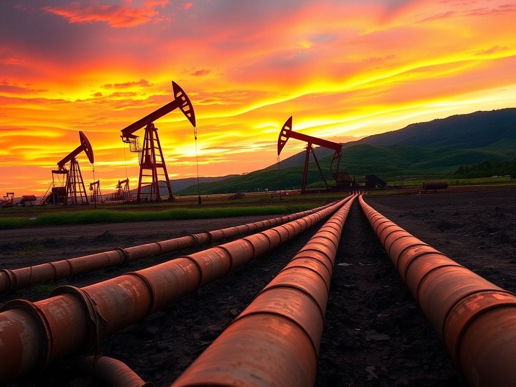 Flick International Oil field in Venezuela with oil rigs and vibrant sunset