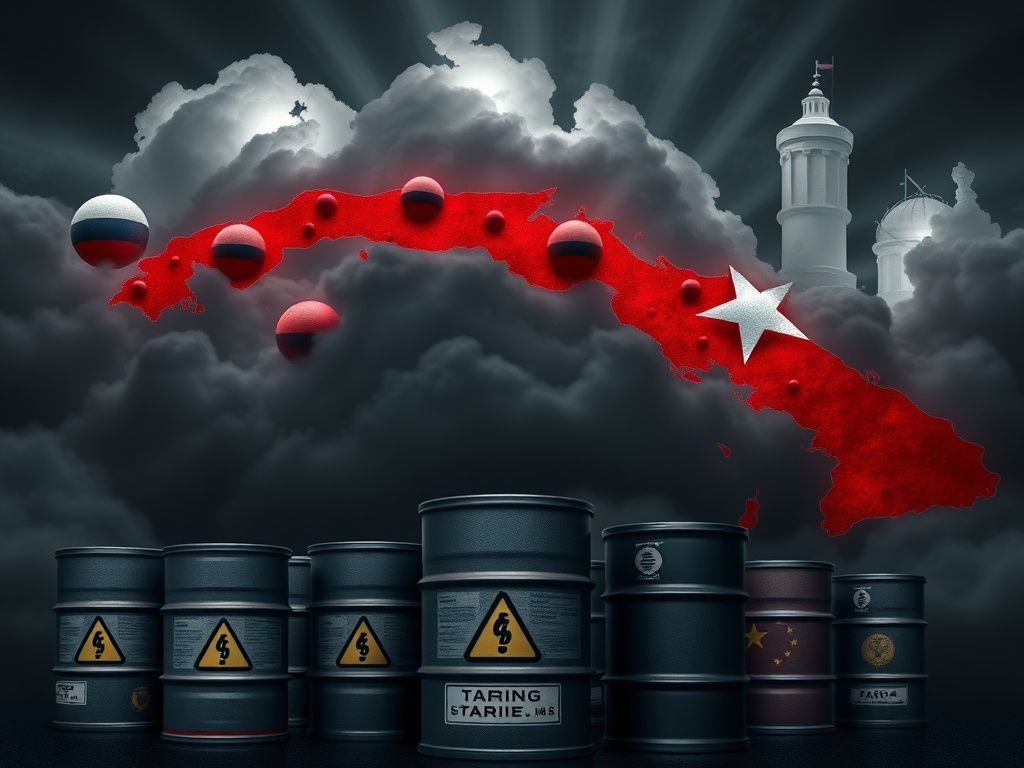 Flick International Map of Cuba surrounded by stormy clouds with oil barrels in the foreground