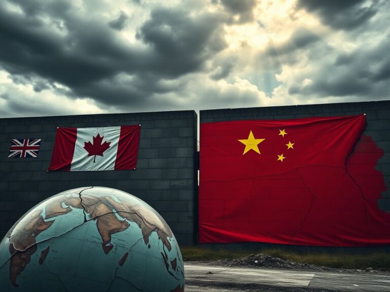 Flick International A large wall divided between UK/Canada flags and a Chinese flag, symbolizing geopolitical tensions