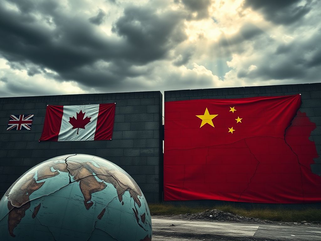Flick International A large wall divided between UK/Canada flags and a Chinese flag, symbolizing geopolitical tensions