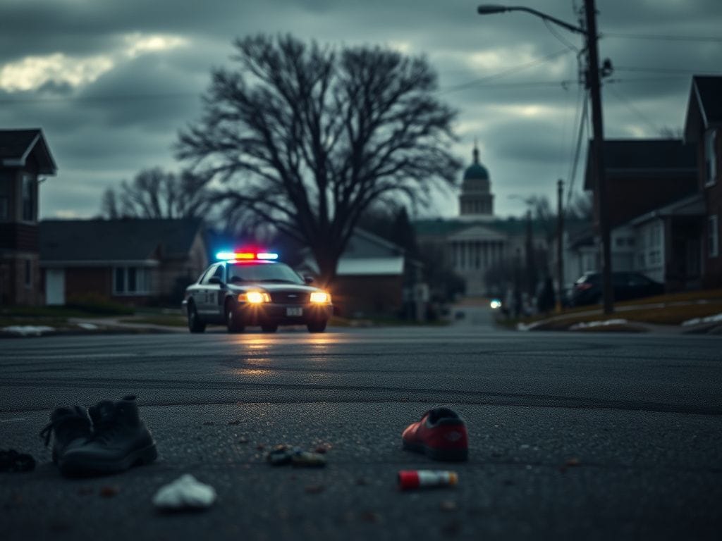 Flick International Somber urban scene in Minnesota with police car and abandoned belongings