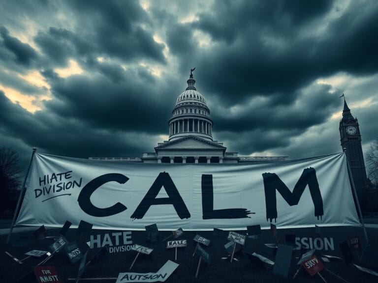 Flick International Empty Pennsylvania state Capitol building with a foreboding sky and a large 'CALM' banner in the foreground