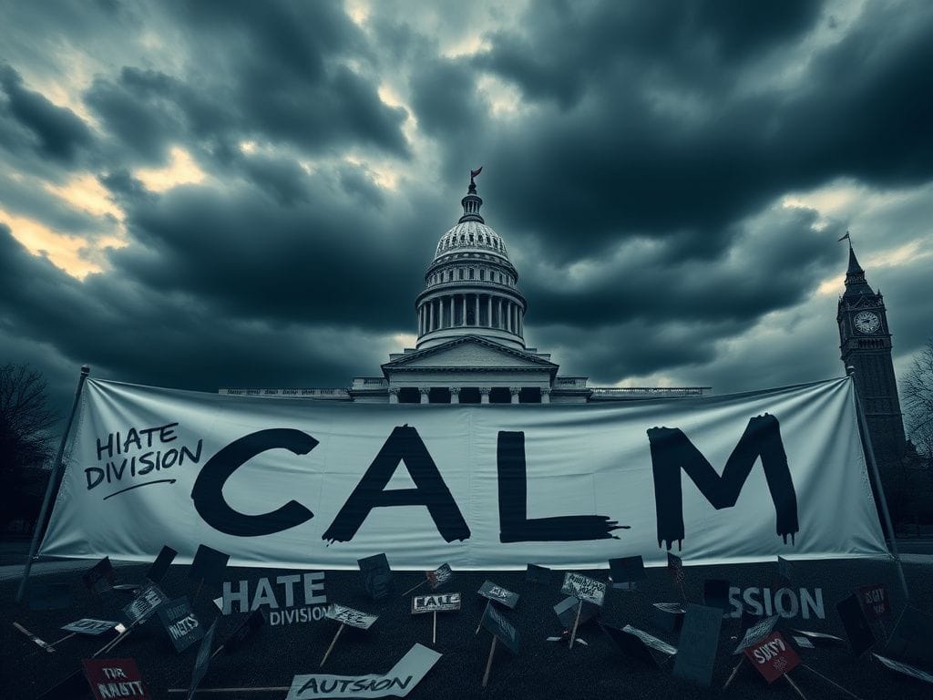 Flick International Empty Pennsylvania state Capitol building with a foreboding sky and a large 'CALM' banner in the foreground