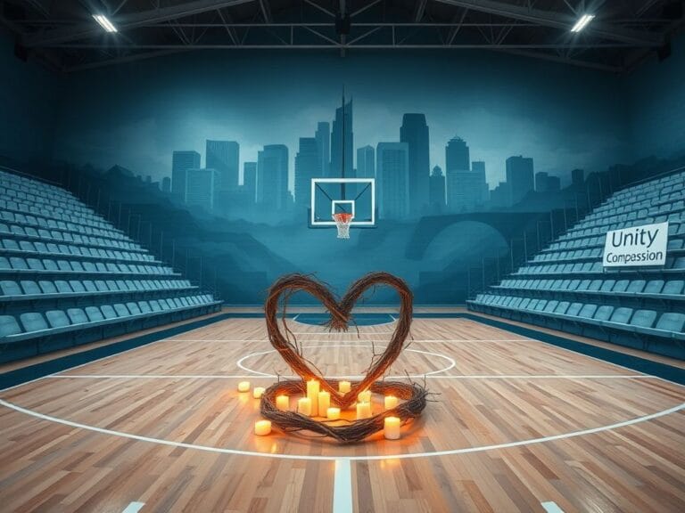 Flick International Abstract representation of unity and resilience on a basketball court with candles and a symbolic heart