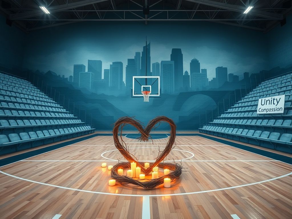 Flick International Abstract representation of unity and resilience on a basketball court with candles and a symbolic heart