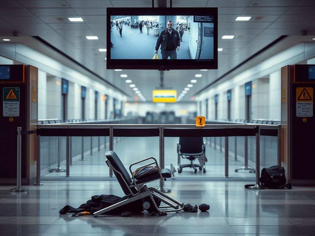 Flick International Empty TSA screening area with knocked-over security barrier and personal belongings scattered