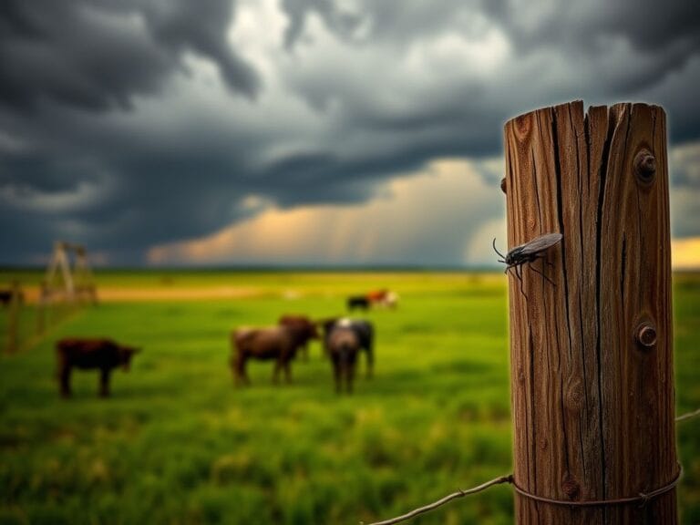 Flick International Close-up of a New World screwworm fly on a weathered fence post amidst a Texas ranch landscape
