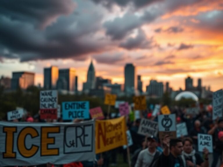 Flick International Colorful protest banners with messages against ICE in a vibrant urban setting