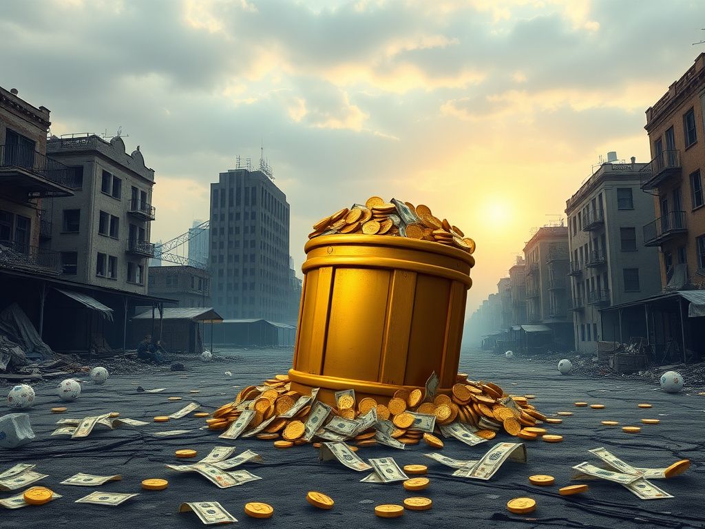 Flick International Golden lottery barrel overflowing with cash in a desolate urban landscape