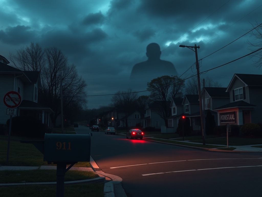 Flick International Somber urban scene in Arlington, Virginia, depicting a suburban neighborhood at dusk