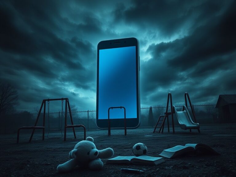 Flick International A giant smartphone looms over an empty playground, symbolizing social media's influence on youth.