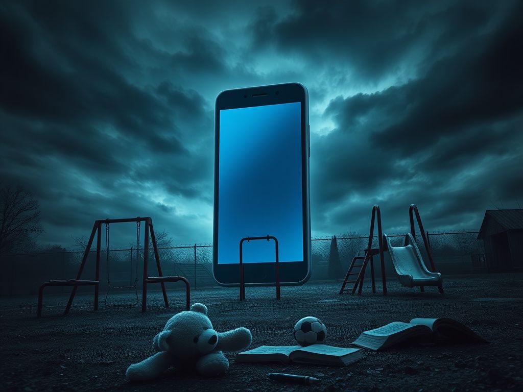 Flick International A giant smartphone looms over an empty playground, symbolizing social media's influence on youth.