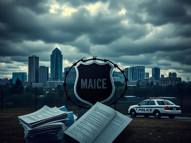 Flick International Stylized representation of a law enforcement badge surrounded by barbed wire with a Minneapolis skyline in the background