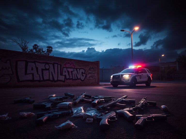 Flick International Array of seized firearms and bags of drugs lying on weathered pavement after a police operation against gang violence