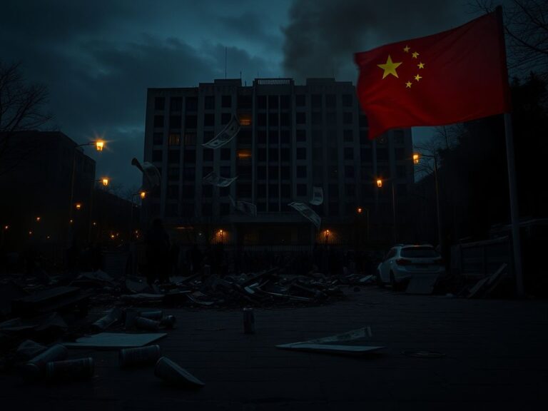 Flick International The aftermath of a protest with scattered debris and a dilapidated building at dusk