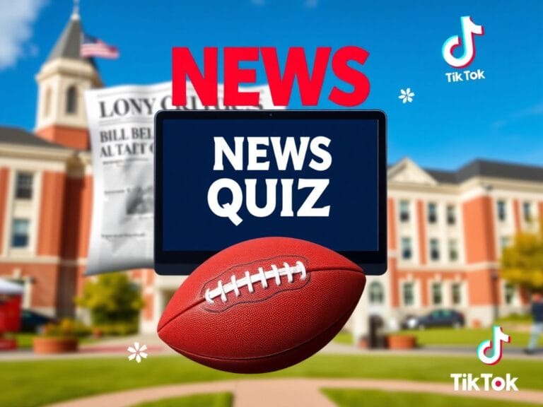 Flick International A vibrant collage depicting a news quiz theme with a newspaper headline, computer screen, football, and university campus elements.