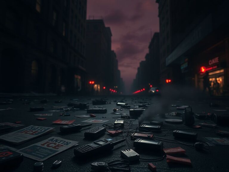 Flick International Aftermath of civil unrest depicting anti-ICE activism with debris and communication devices