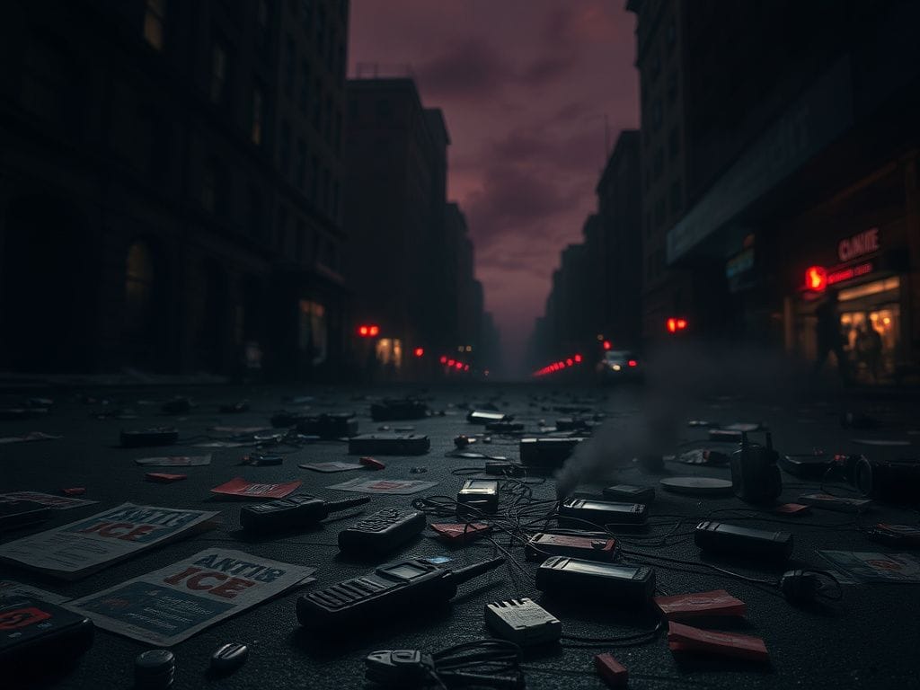 Flick International Aftermath of civil unrest depicting anti-ICE activism with debris and communication devices