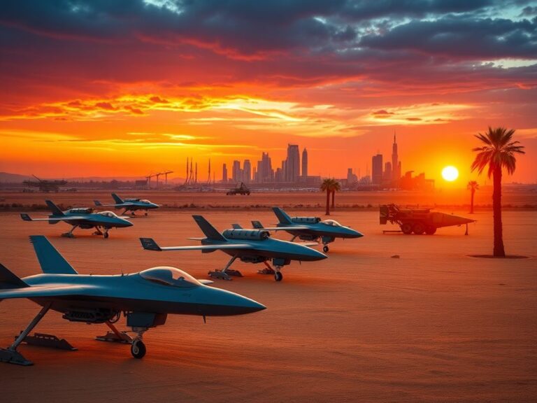 Flick International A panoramic view of a military base showcasing advanced weaponry and technology in a desert landscape.