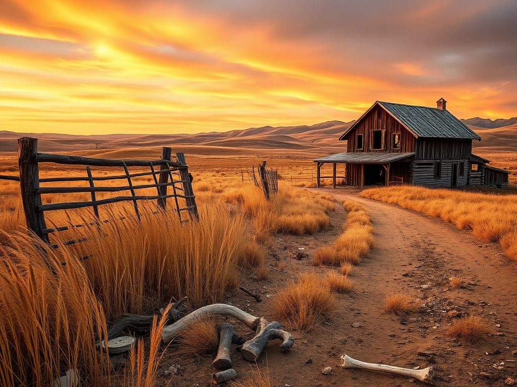 Flick International Historic landscape of an old ranch in eastern Oregon, highlighting remnants of cattle operations.