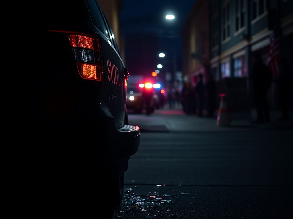 Flick International Dimly lit street scene in Minneapolis with broken taillight of a government SUV