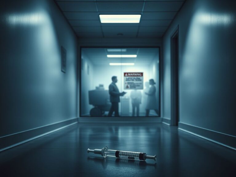Flick International Deserted hospital corridor with discarded syringe symbolizes healthcare recklessness