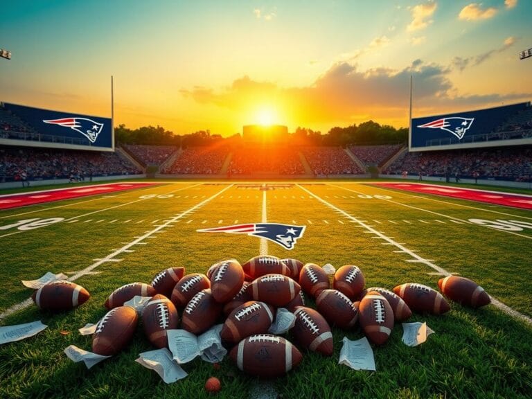 Flick International Vibrant football field at sunset showcasing New England Patriots logo