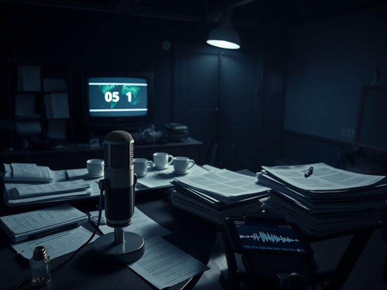 Flick International A dimly lit film set with a microphone and scattered documents symbolizing a legal dispute