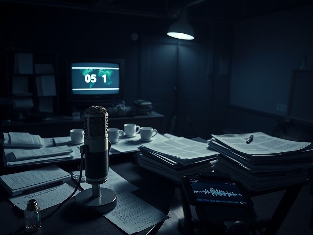 Flick International A dimly lit film set with a microphone and scattered documents symbolizing a legal dispute