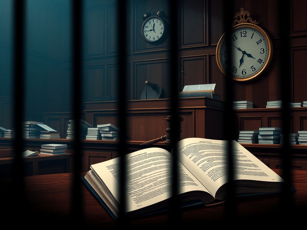 Flick International A somber courtroom scene with an imposing judge's bench and gavel