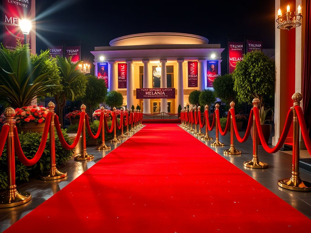 Flick International Glamorous red carpet scene at the 'MELANIA' premiere, showcasing elegant architecture and vibrant decorations.