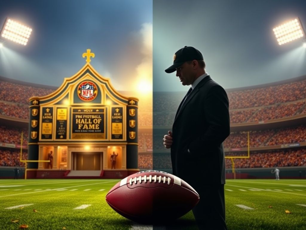 Flick International Split image of a football field depicting the Pro Football Hall of Fame on one side and a shadowy football coach silhouette on the other side