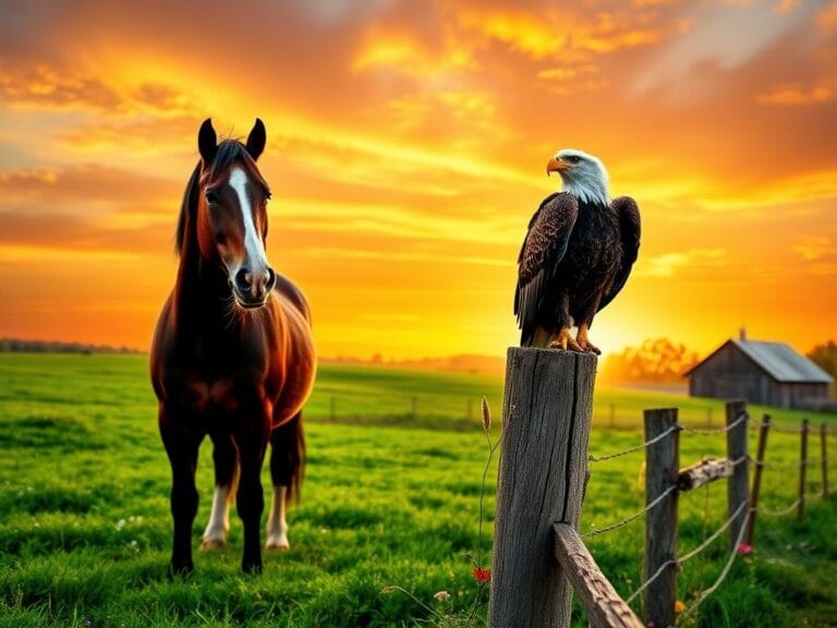 Flick International Majestic Clydesdale horse in serene American countryside at sunset