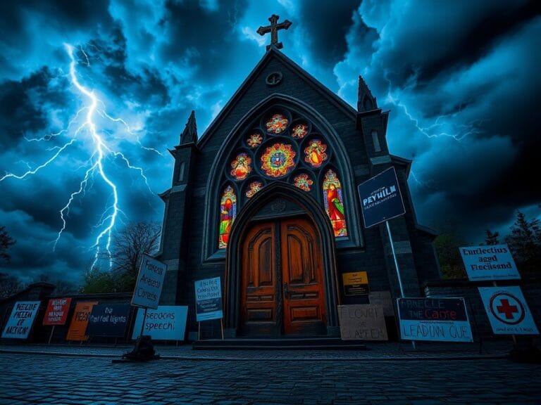 Flick International Exterior of a gothic-style church surrounded by storm clouds