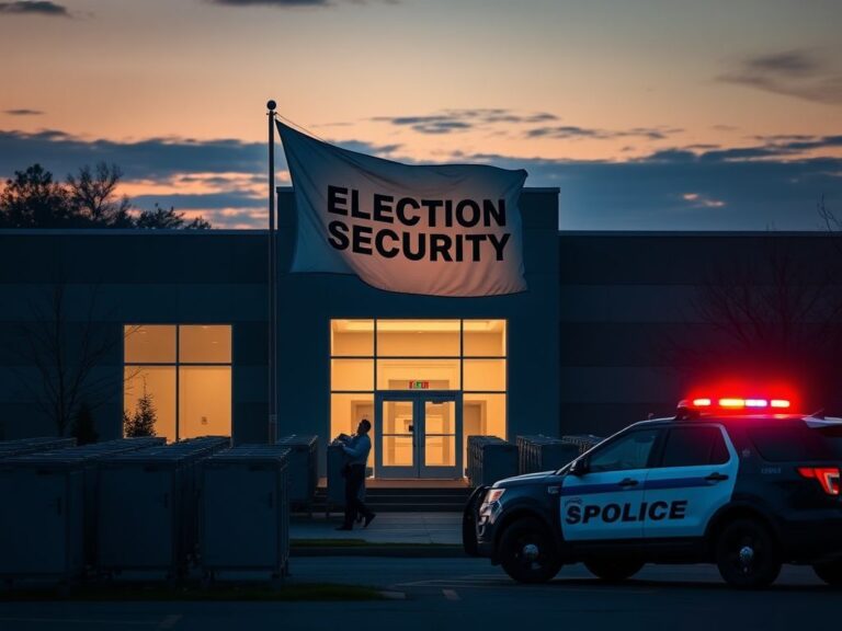 Flick International Election facility in Fulton County, Georgia at dusk with an 'Election Security' banner